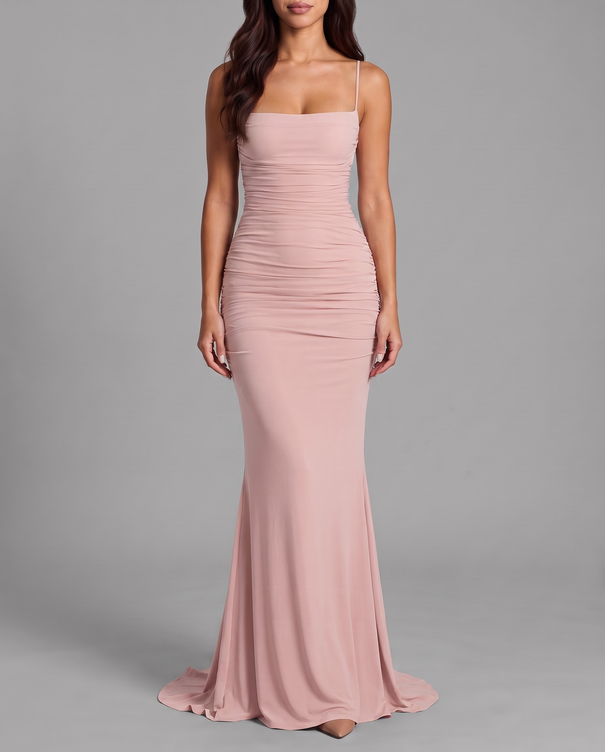 Ruched mermaid maxi in pink – front