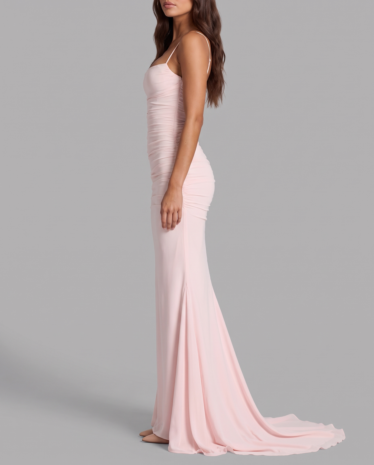 Ruched mermaid maxi in pink – side