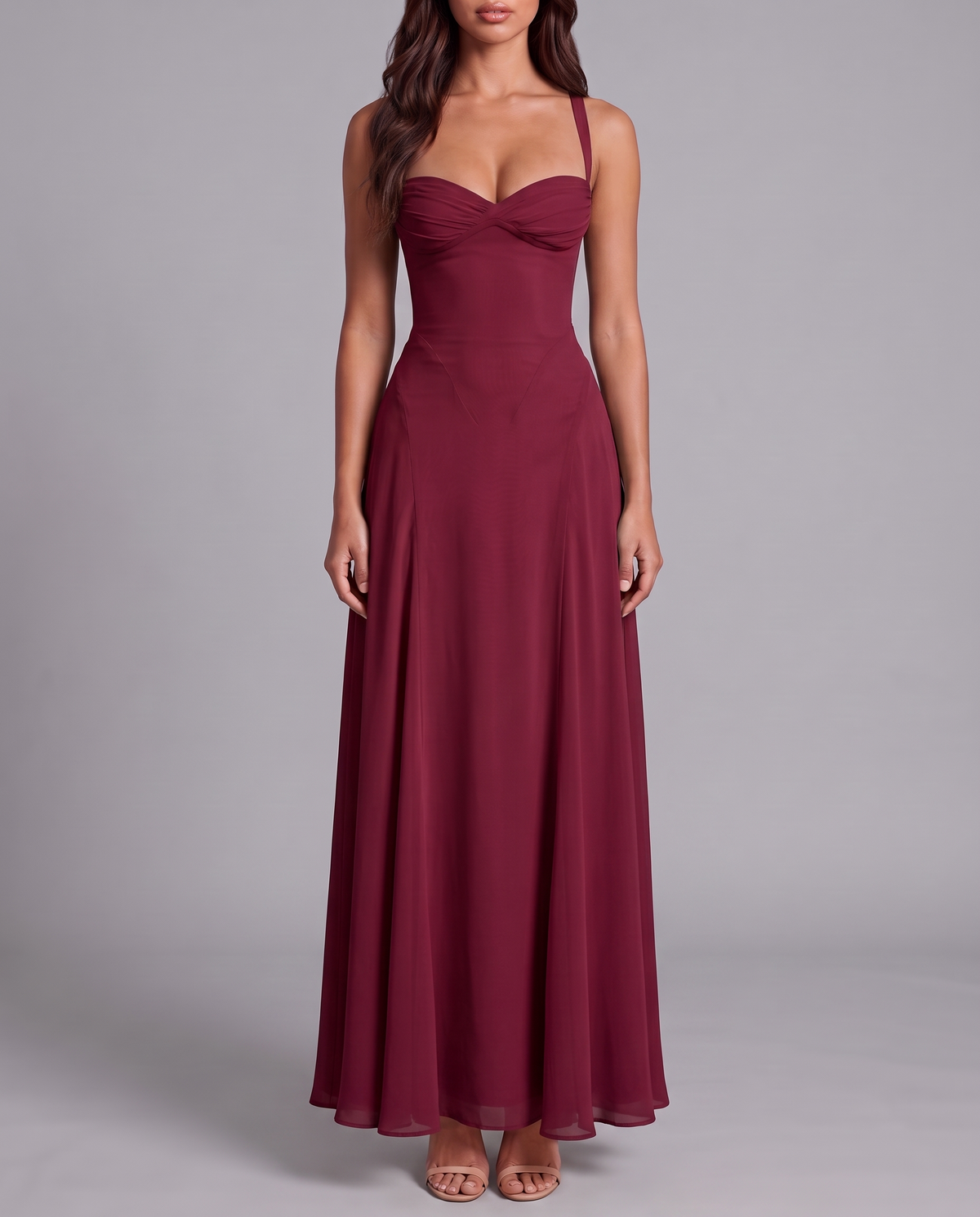 Corset maxi dress in wine red – front