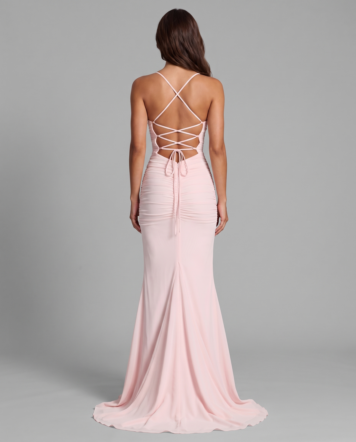Ruched mermaid maxi in pink – back (lace-up)